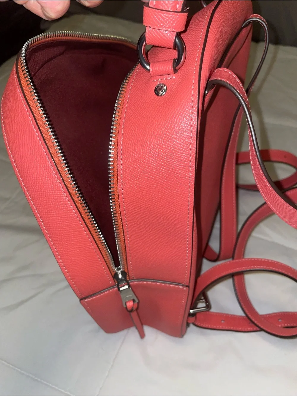 Coach Coral-Red Leather Zip Front Backpack